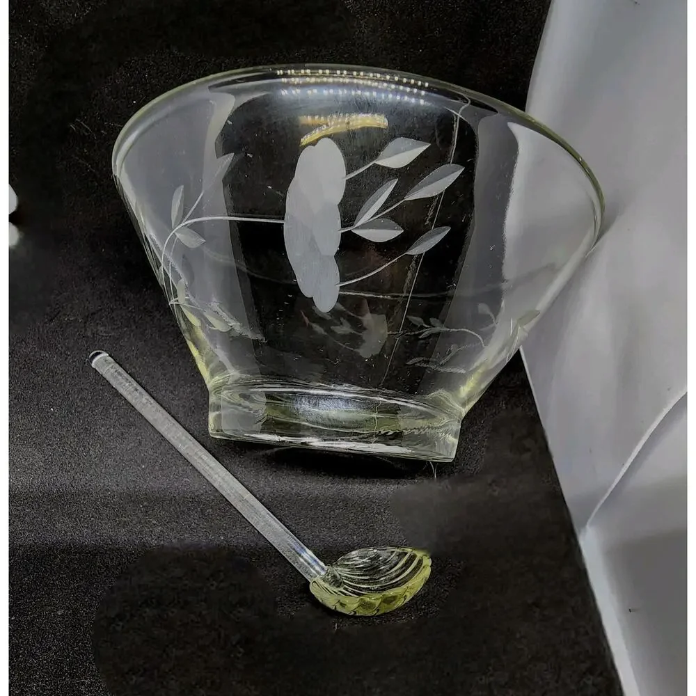 Vtg Princess House Crystal Etched Condiment Bowl plate Scalloped Spoon New w Box